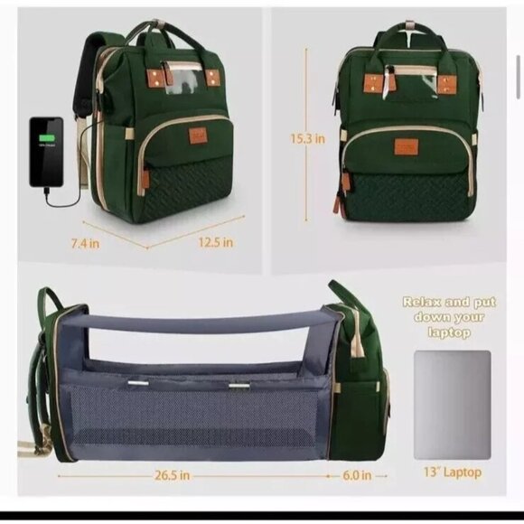 Susisal Diaper Bag Backpack with Built In Changing Station Bassinet Green Beige - Picture 11 of 11